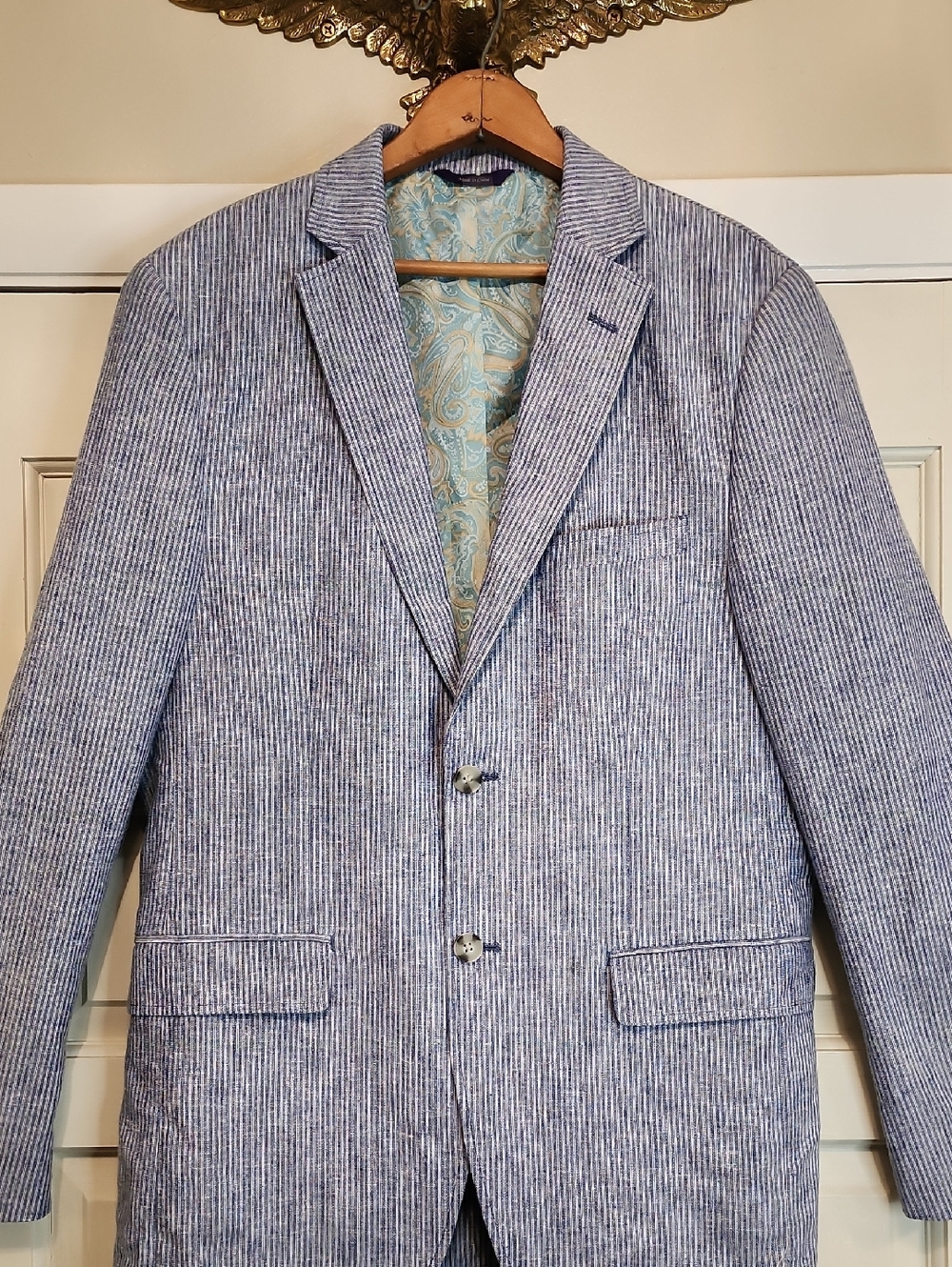 Alan Flusser Blue and White Striped Sport Coat 5 Pockets 55% Linen 45% RAYON